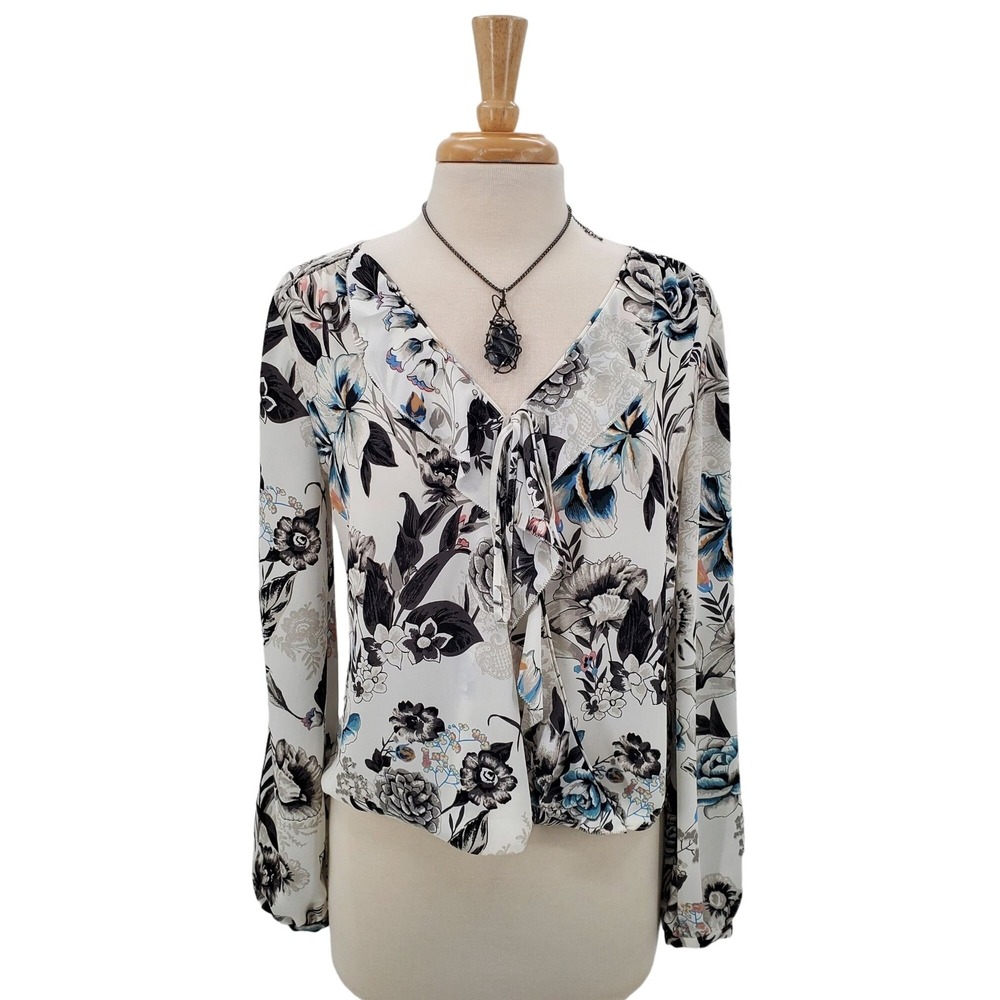 White House Black Market Floral Tie Neck Blouse Womens Size 4 Long Sleeve Top